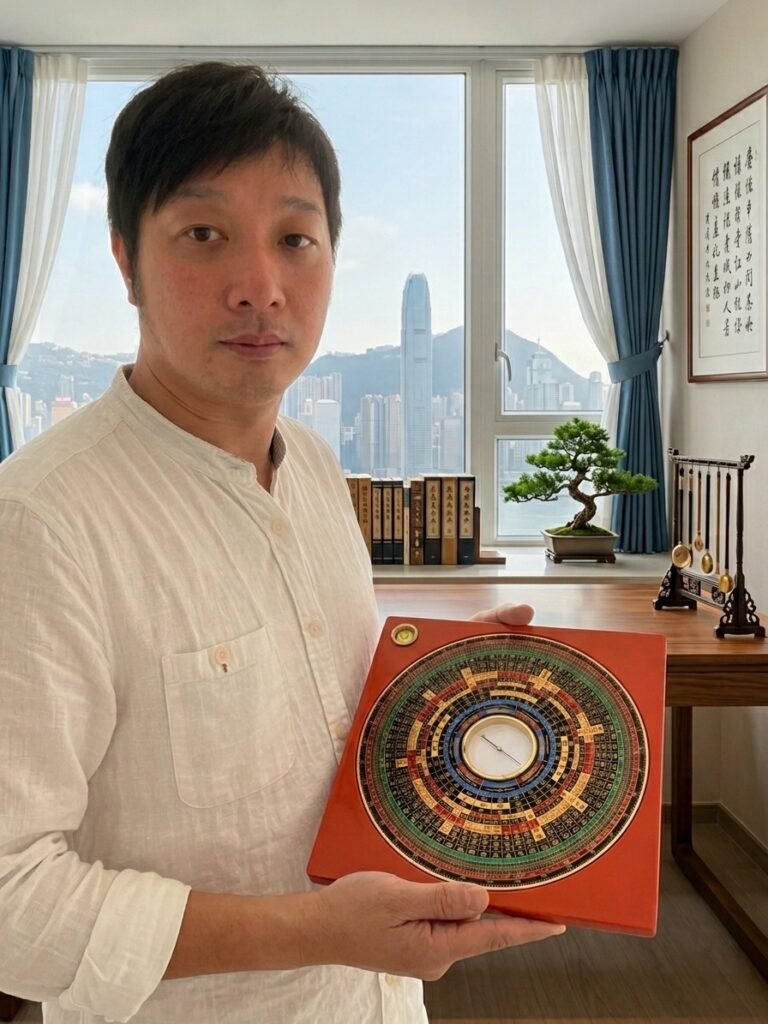 言師傅手持羅庚提供香港風水顧問服務